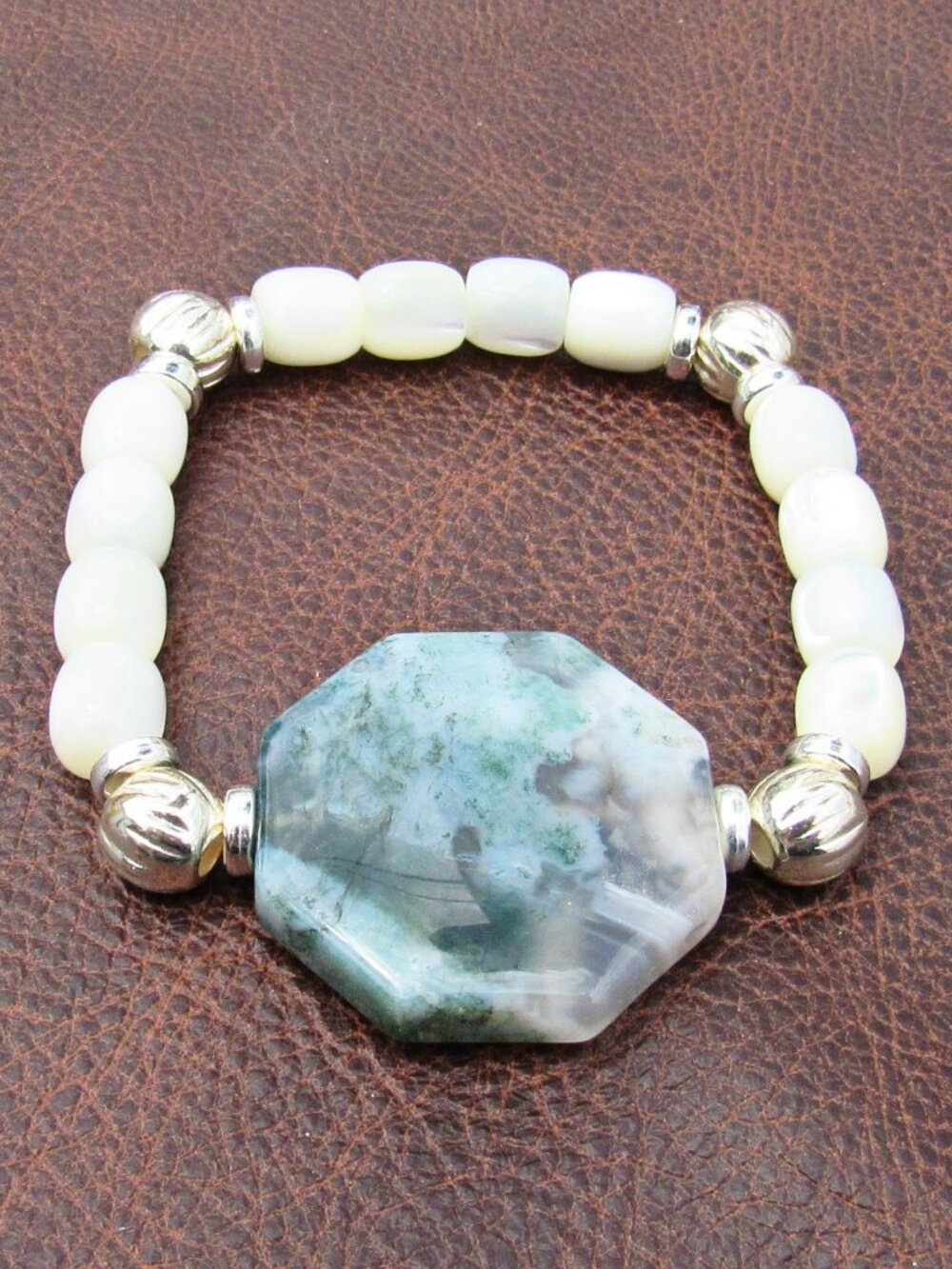Green Moss Agate, Mother of Pearl Shell Stretchy Bracelet, 6 Inches Handmade